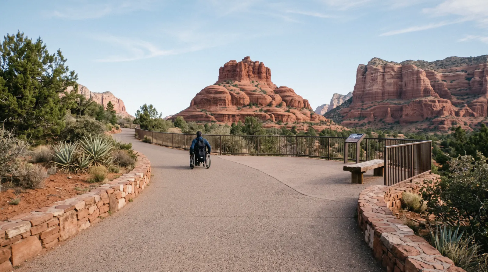 A wide, gently graded paved path leading to a red rock overlook with a bench and railing, a wheelchair user on the path in Sedona