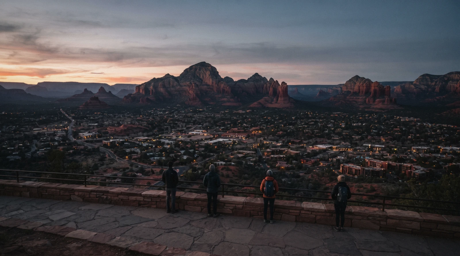 Sunset light over red rock buttes seen from the Airport Mesa vortex saddle above Sedona, Arizona