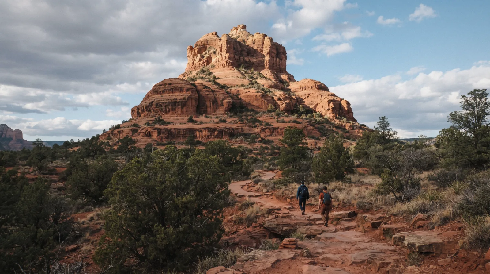 Bell Rock's stepped red sandstone tiers catching early morning light above the Bell Rock Pathway trail in Sedona, Arizona