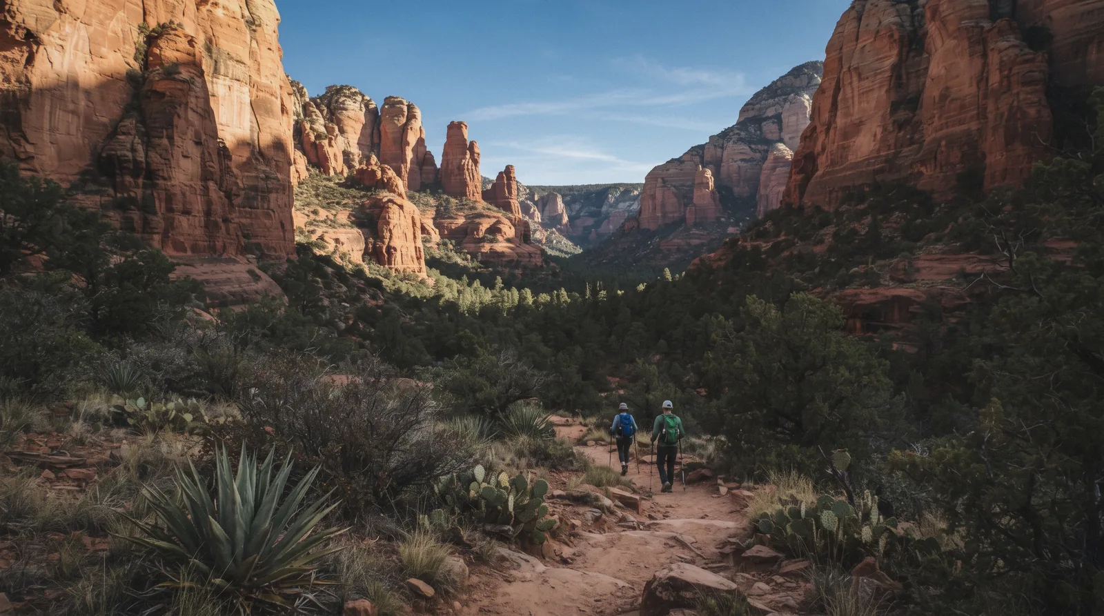 Red rock canyon walls rising above juniper along Boynton Canyon Trail Sedona at midday
