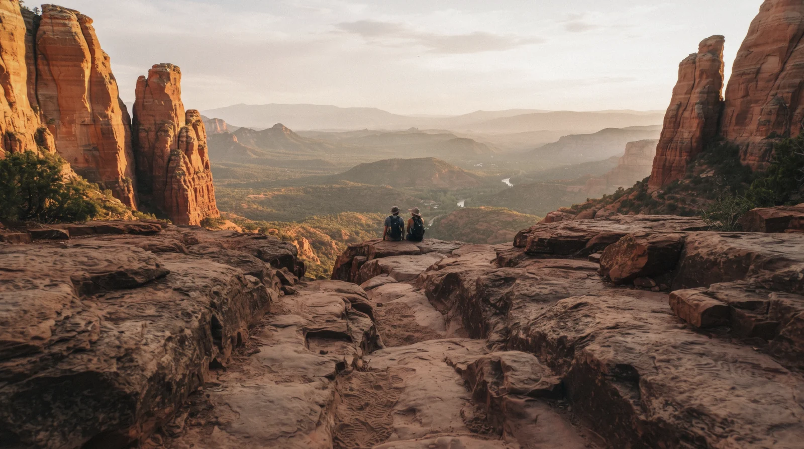 Cathedral Rock's twin red sandstone spires catching afternoon light above Oak Creek, Cathedral Rock Sedona