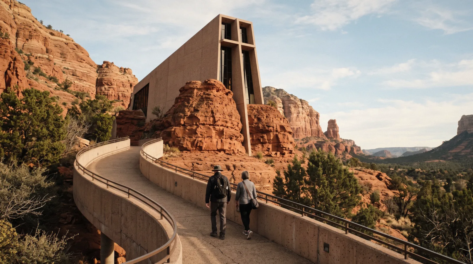 The Chapel of the Holy Cross built into a red rock spur above Sedona, its concrete cross facade catching afternoon light