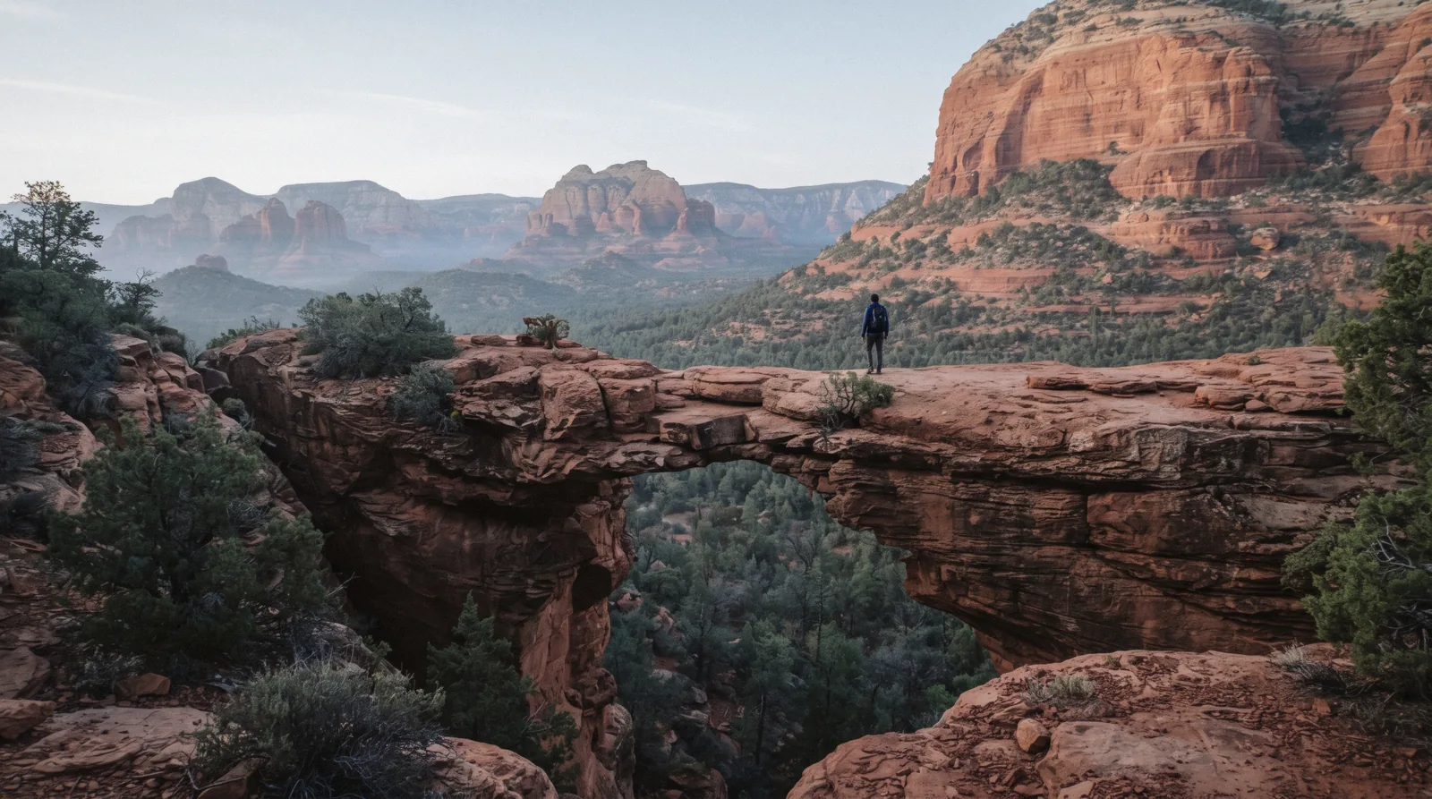 Hikers waiting to walk out onto the natural sandstone Devils Bridge arch above red rock terrain, weighing whether Devils Bridge is worth it near Sedona