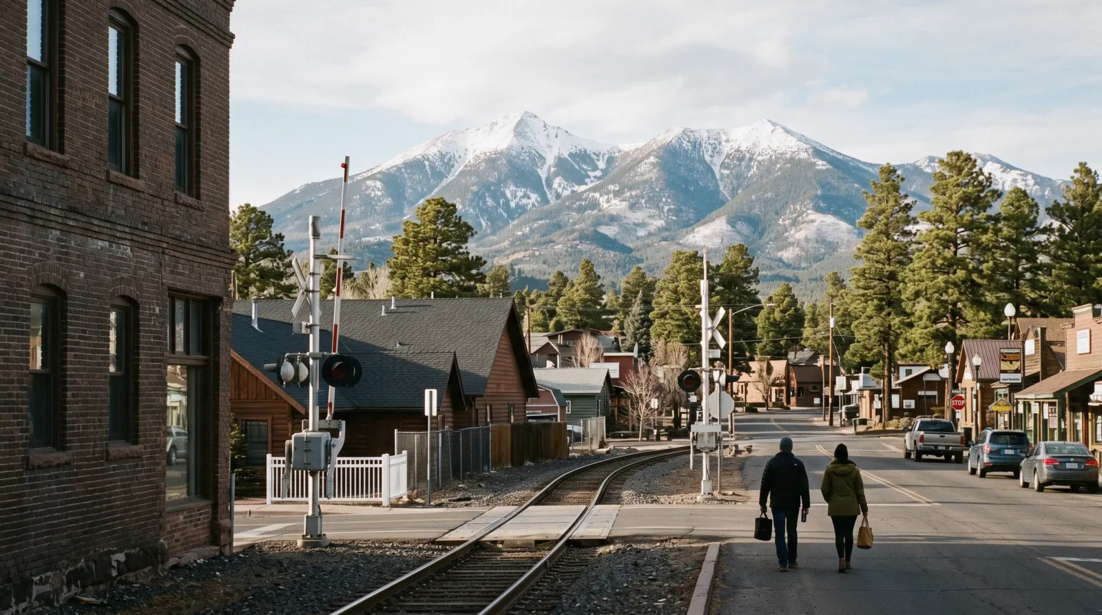 Downtown Flagstaff's historic brick storefronts backed by ponderosa pine forest and the San Francisco Peaks, a mountain day trip from Sedona, Arizona