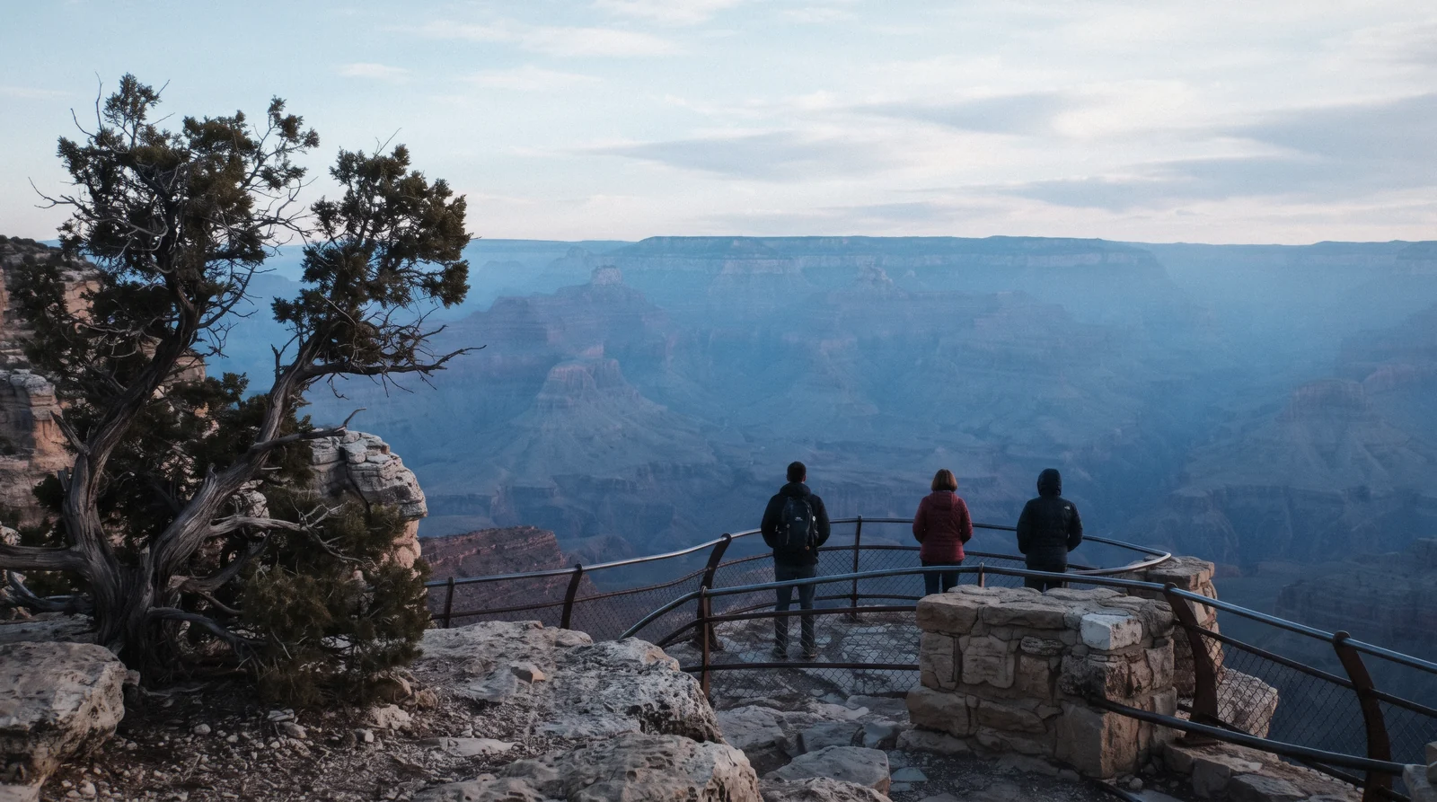 South Rim of the Grand Canyon from Mather Point in early morning haze, day trip from Sedona Arizona