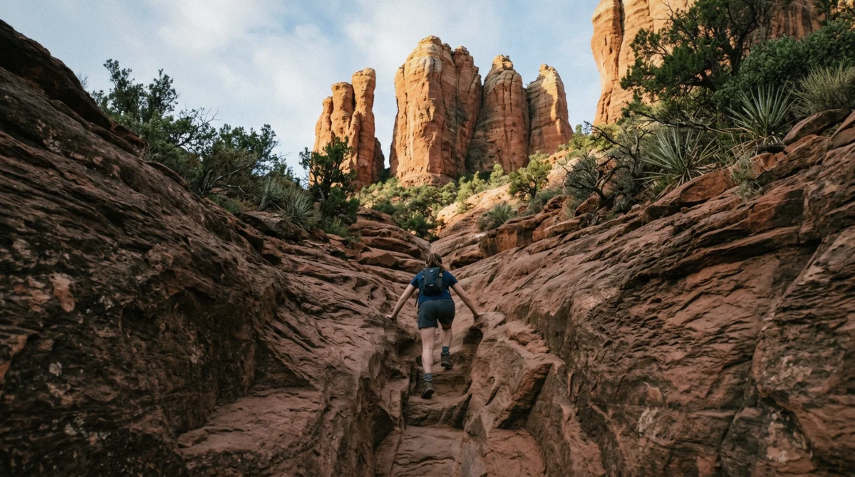 A hiker climbing the exposed slickrock chute near the top of Cathedral Rock Trail with red rock spires above, choosing cathedral rock or devils bridge in Sedona