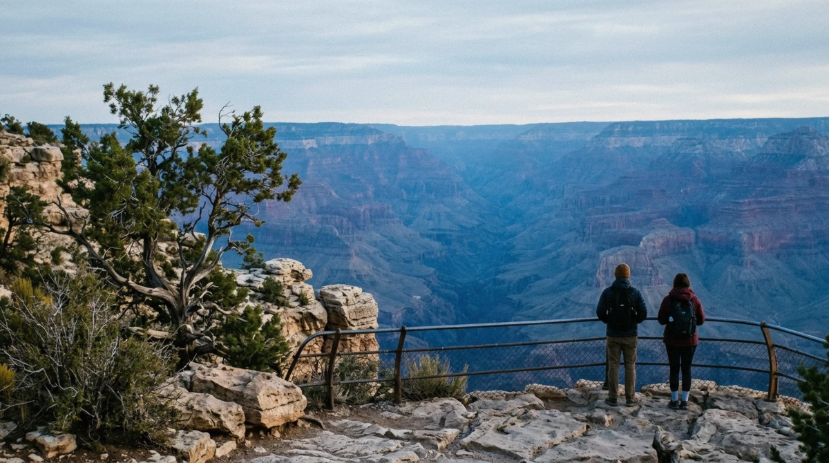 A wide view across the Grand Canyon South Rim at golden hour beside a narrow orange slot canyon wall, comparing the grand canyon or antelope canyon day trip from sedona