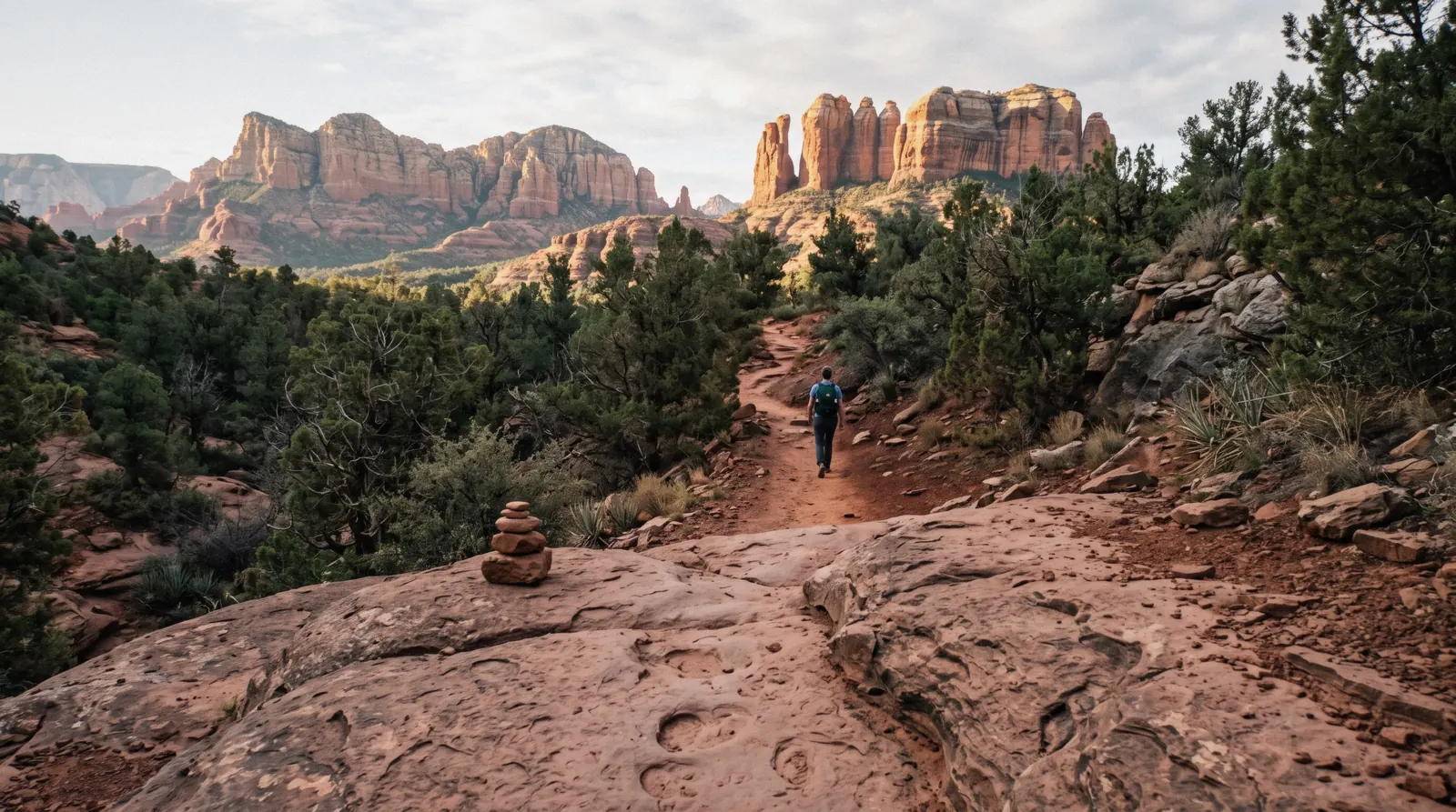 A red dirt singletrack climbing through juniper toward sandstone fins, one of the sedona hiking trails at sunrise