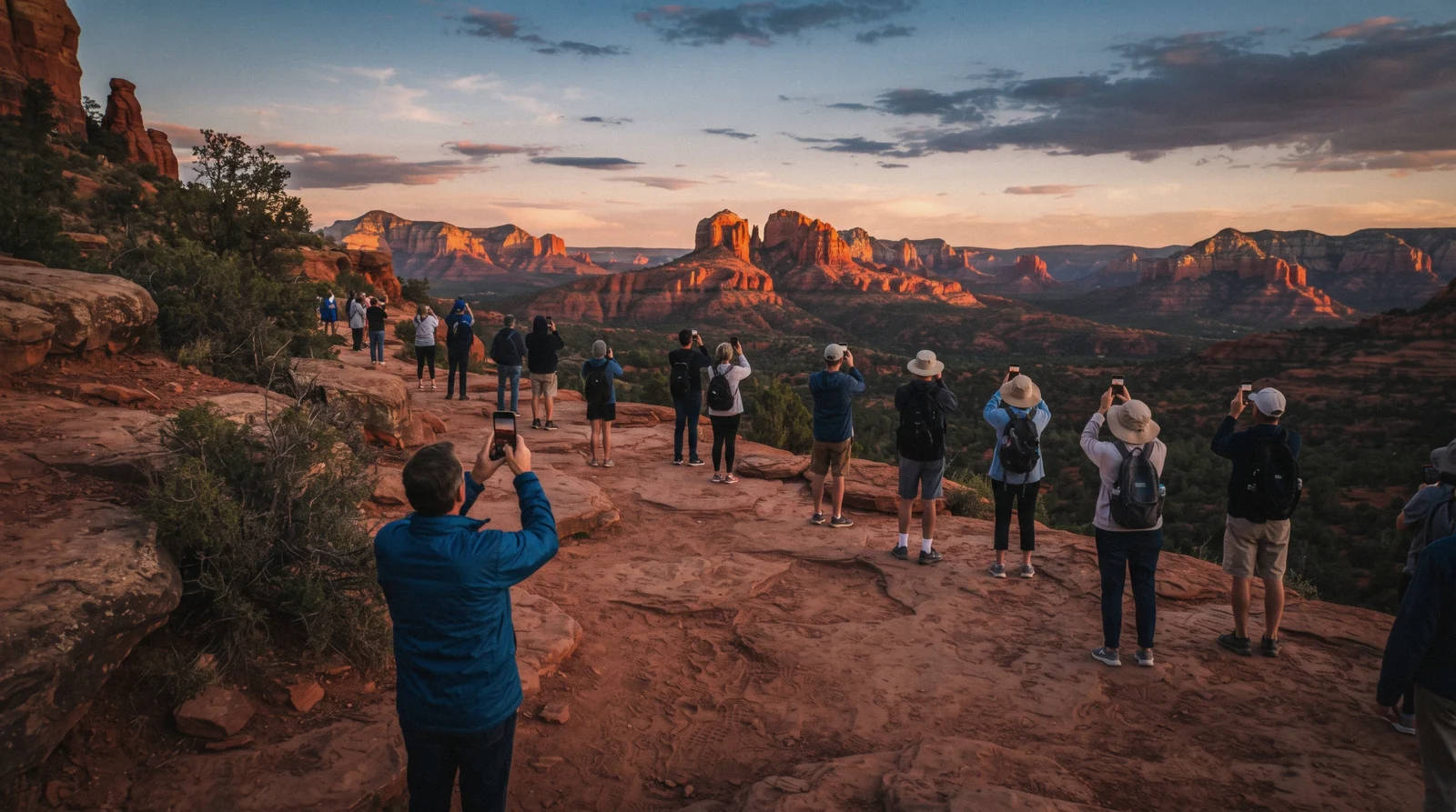 Visitors gathered along a red rock overlook at sunset weighing whether Sedona is worth visiting