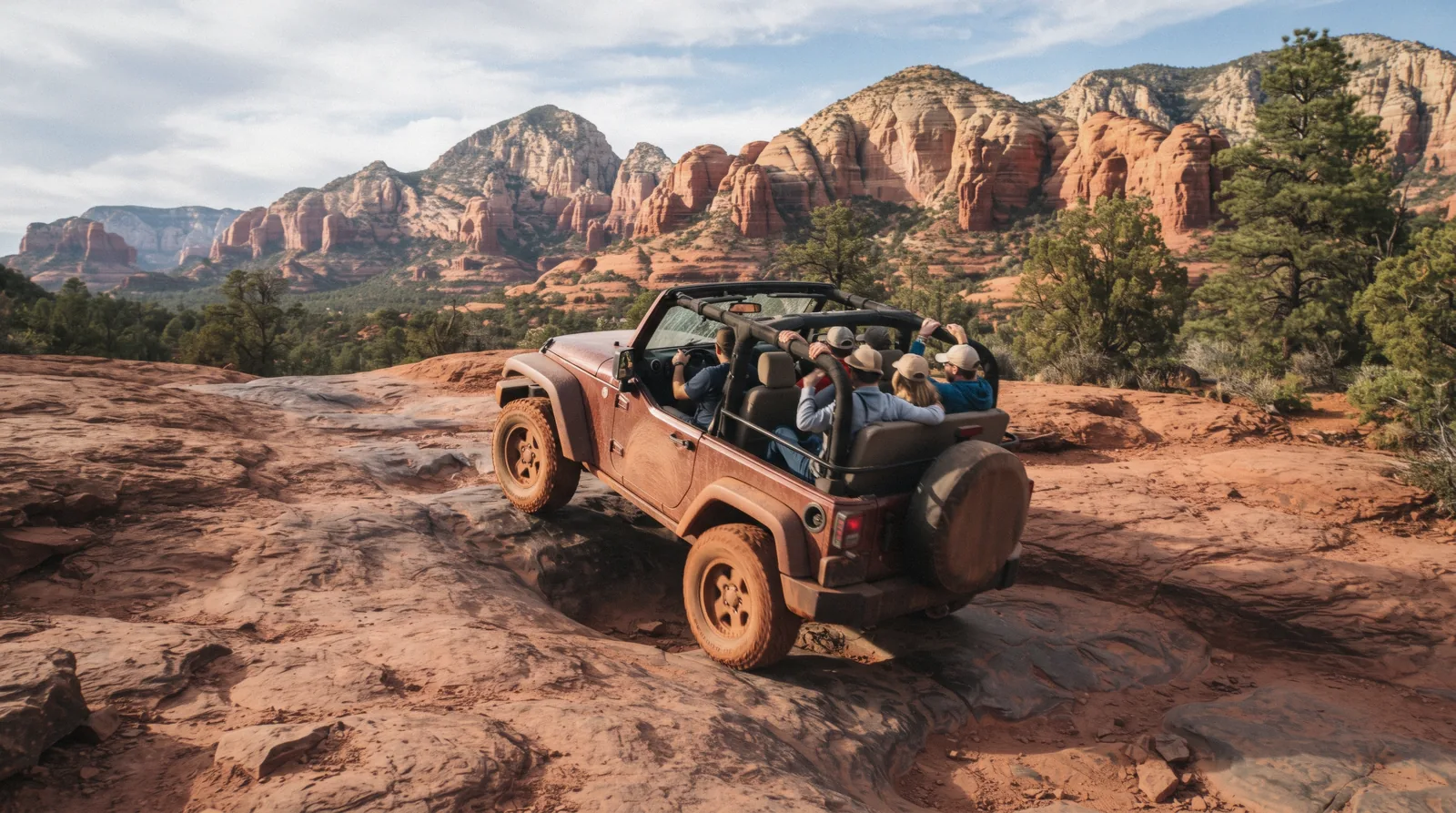 An open-air pink 4x4 jeep climbing a red slickrock trail on a sedona jeep tour, layered red rock buttes behind it