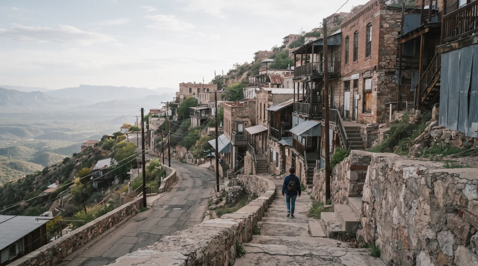 Jerome, Arizona's brick storefronts stacked up the switchbacks of Cleopatra Hill above the Verde Valley, a former copper mining ghost town near Sedona