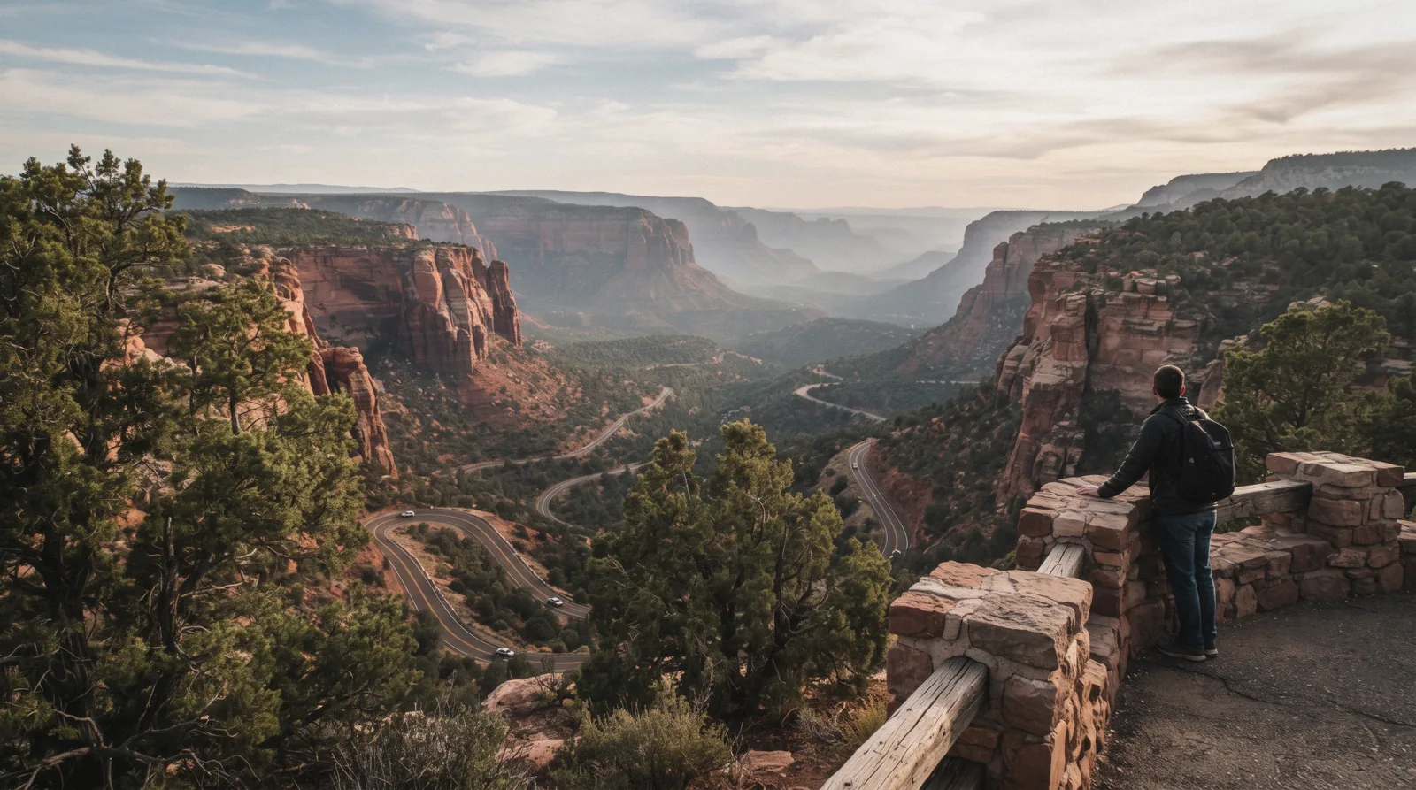 Oak Creek Canyon overlook on Highway 89A with the switchbacks below, Sedona Arizona