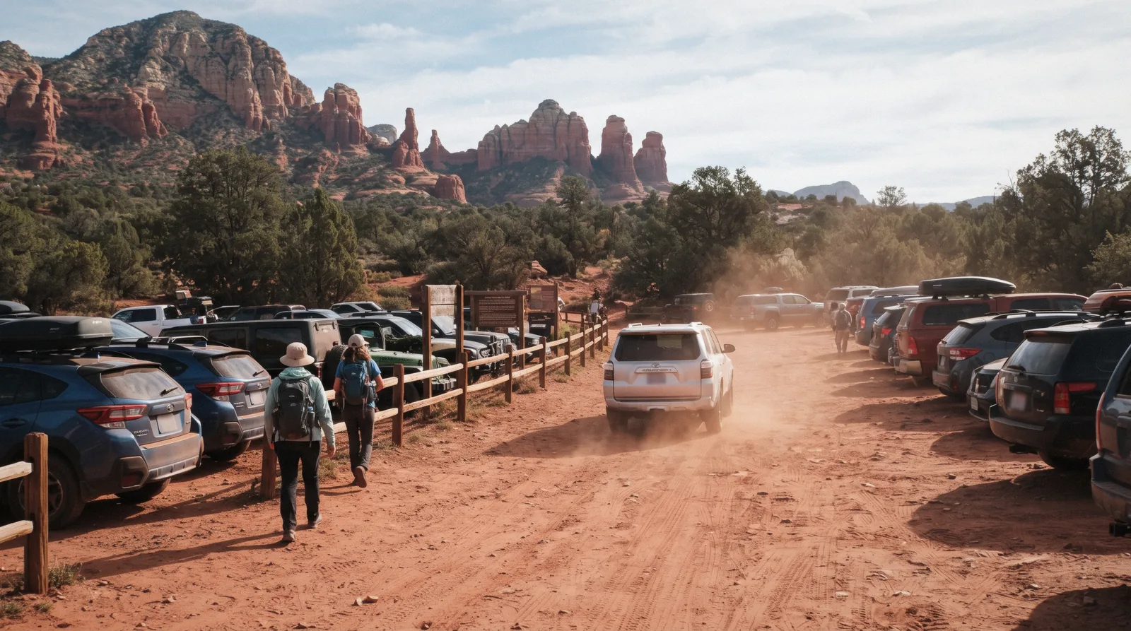 Cars parked in a small red-rock trailhead lot near Sedona in the early morning, illustrating how tight parking in Sedona gets at popular trailheads