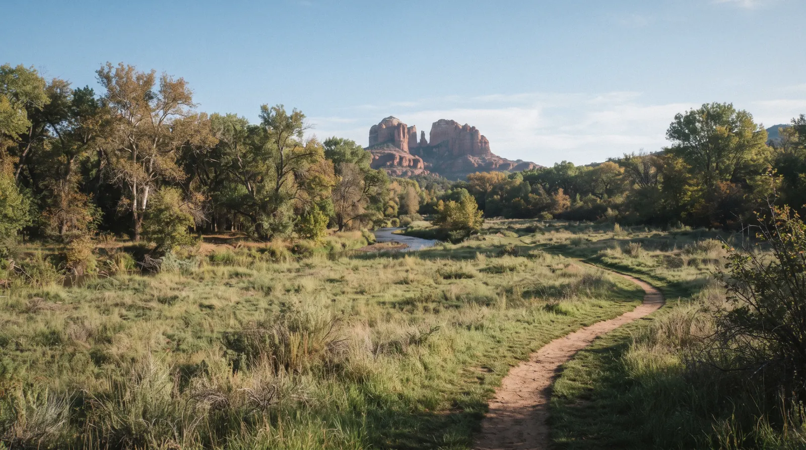 Oak Creek's riparian cottonwoods and red sandstone cliffs seen from a quiet trail at Red Rock State Park Sedona