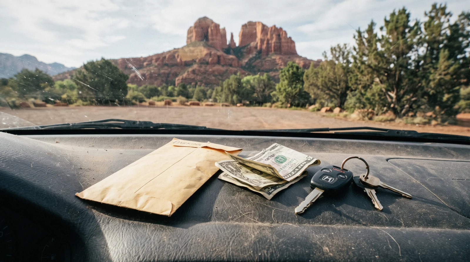 A parking fee kiosk at a red rock trailhead pullout, one of the real Sedona costs a visitor budgets for