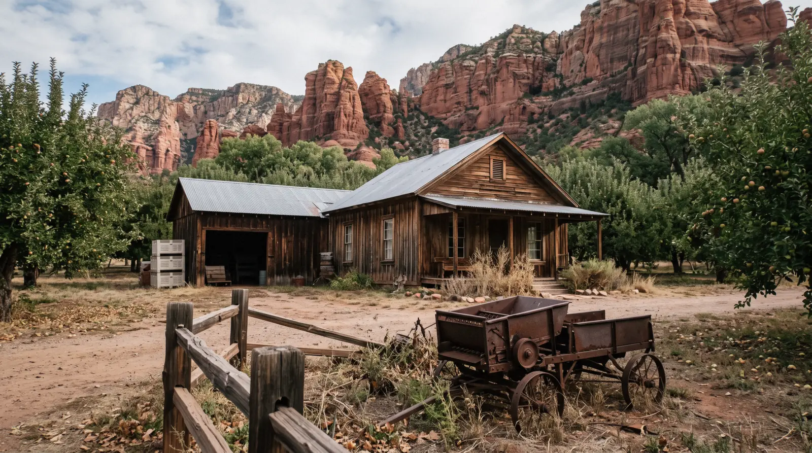 The red-rock-faced Jordan family homestead building at the Sedona Heritage Museum with the fruit-packing shed behind it under morning light