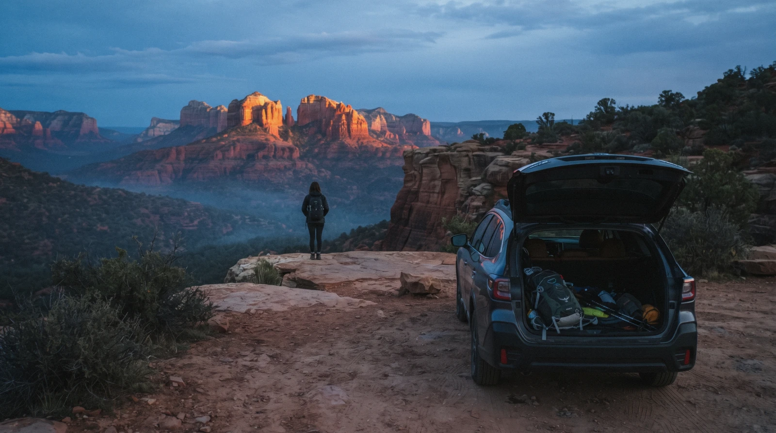 First light on a red rock overlook above Sedona with a parked car and a daypack, one day in Sedona Arizona