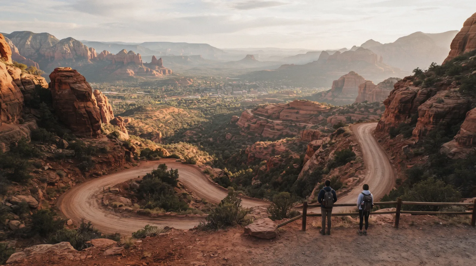 Schnebly Hill road curving down through red rock above the town, two days in Sedona Arizona
