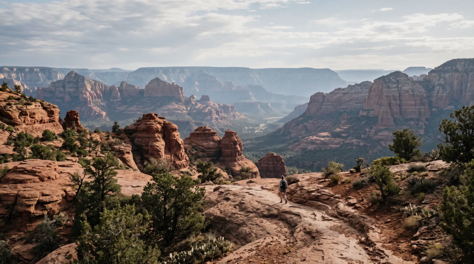 Wide view north towards Oak Creek Canyon and the Mogollon Rim from a red rock bench, three days in Sedona Arizona