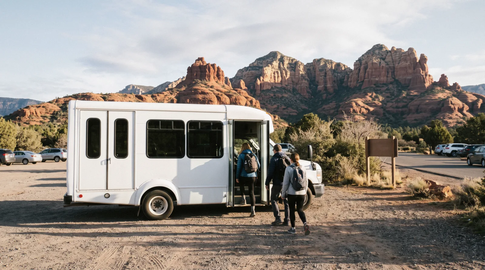 A Sedona Shuttle bus loading hikers at a trailhead park-and-ride lot, part of the free Sedona shuttle service to red rock trailheads