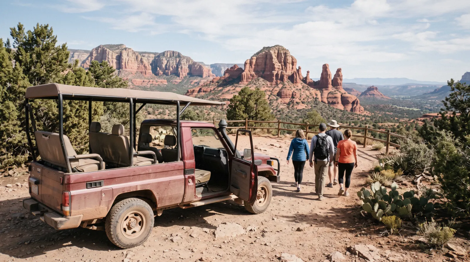 A pink open-air jeep parked on a red rock overlook road during a Sedona tour, red rock buttes in the background