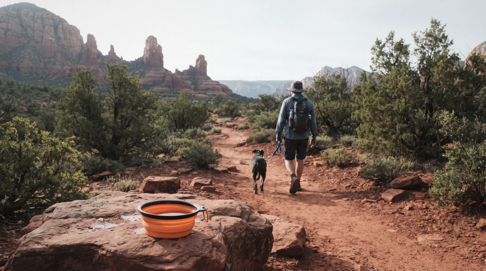 A leashed dog beside a hiker on a red dirt trail with a water bowl set on the rock, a morning walk in Sedona with dogs