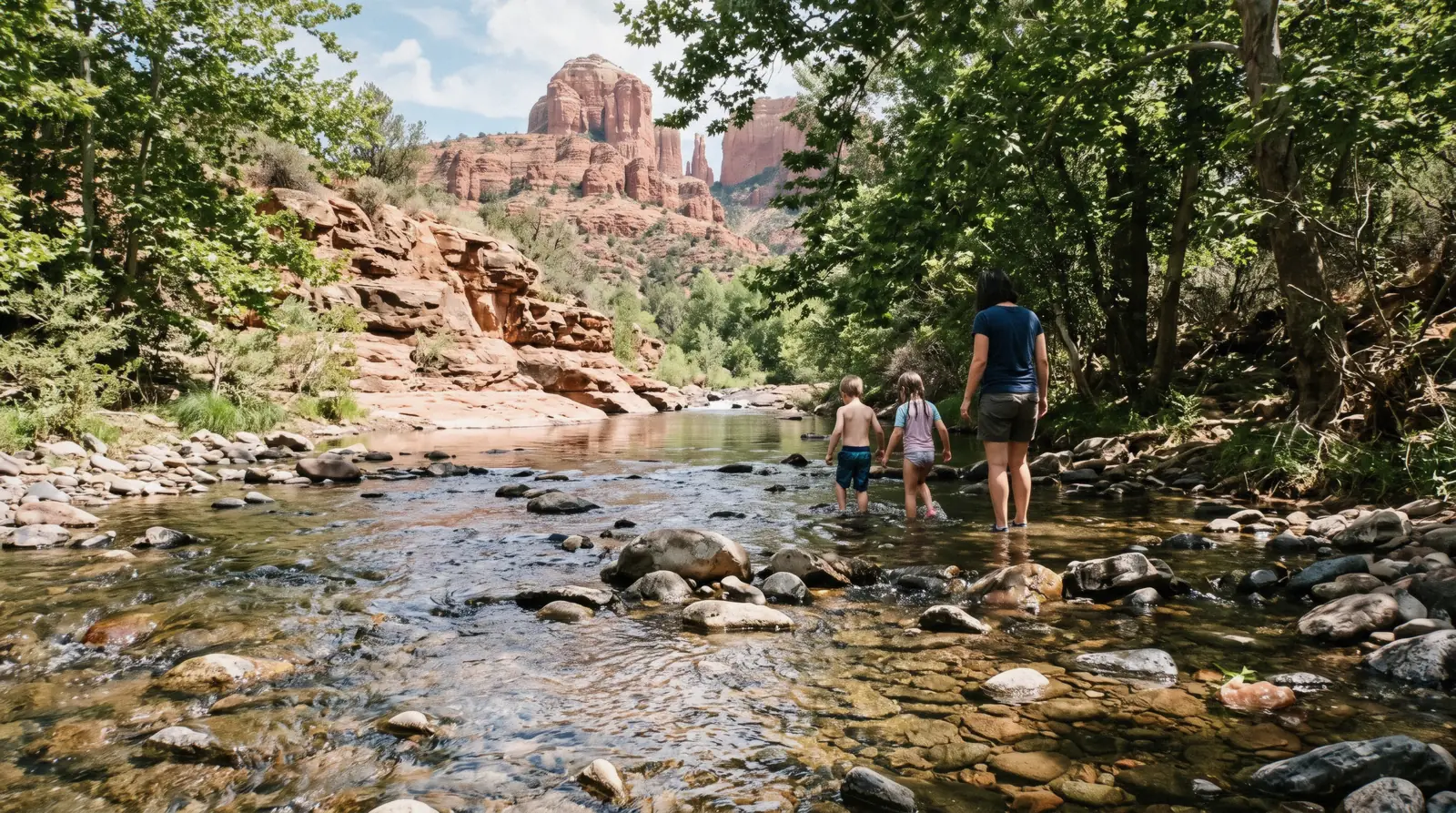 Children wading in a shallow, rock-lined stretch of Oak Creek with an adult nearby, a family morning in Sedona with kids
