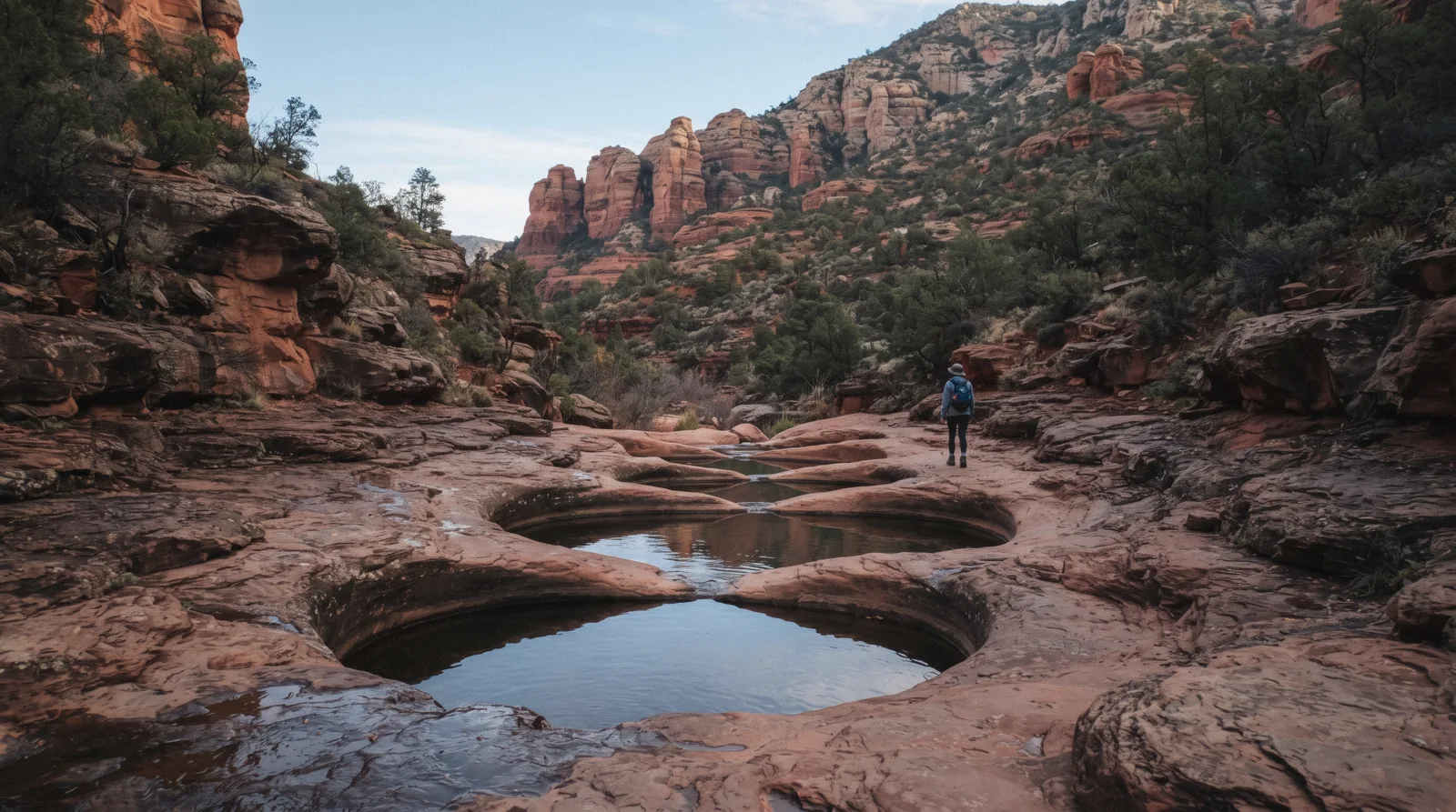 Red rock wash and slickrock basins along Soldier Pass Trail Sedona in early morning light