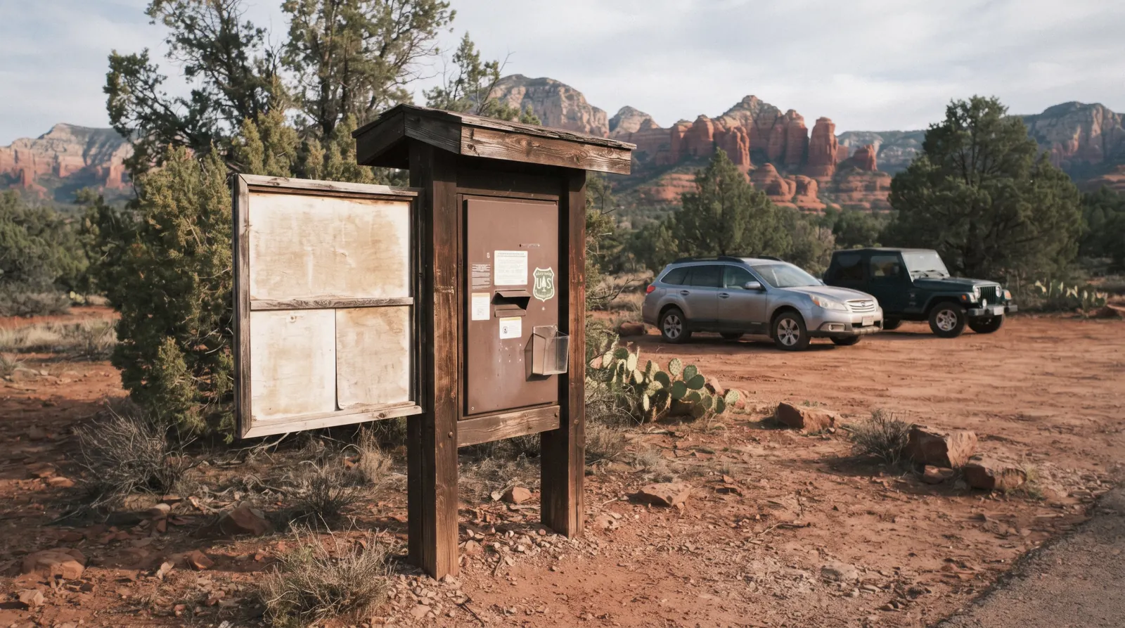 A Coconino National Forest fee-station sign and a self-serve pass kiosk at a red-rock trailhead near Sedona, Arizona