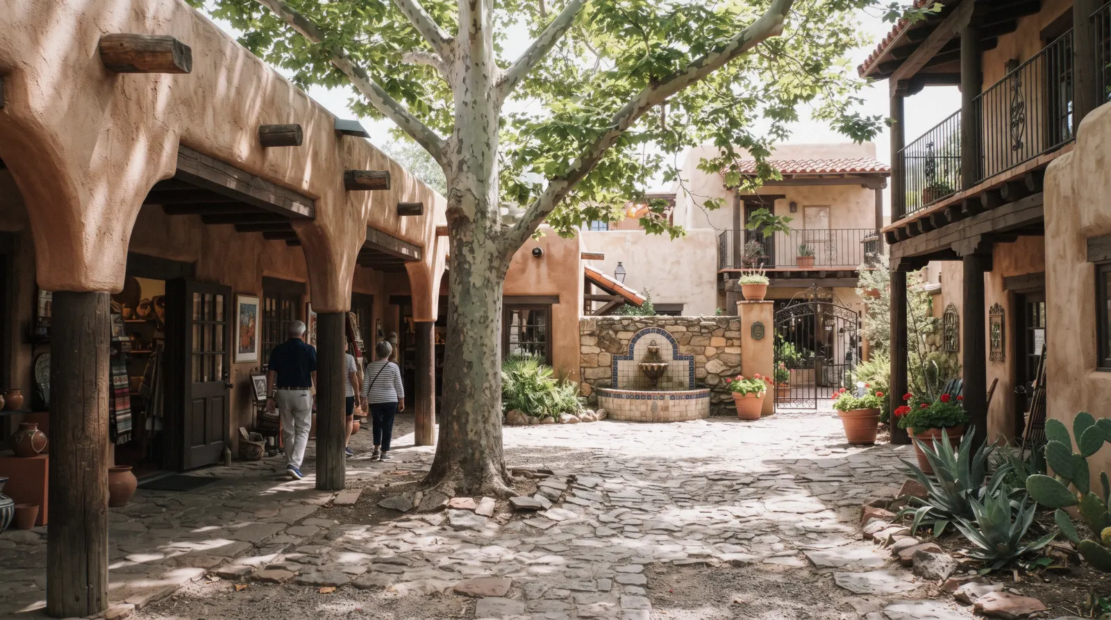 A sycamore-shaded courtyard walkway inside Tlaquepaque arts village in Sedona with Spanish-colonial-style ironwork and tiled fountains