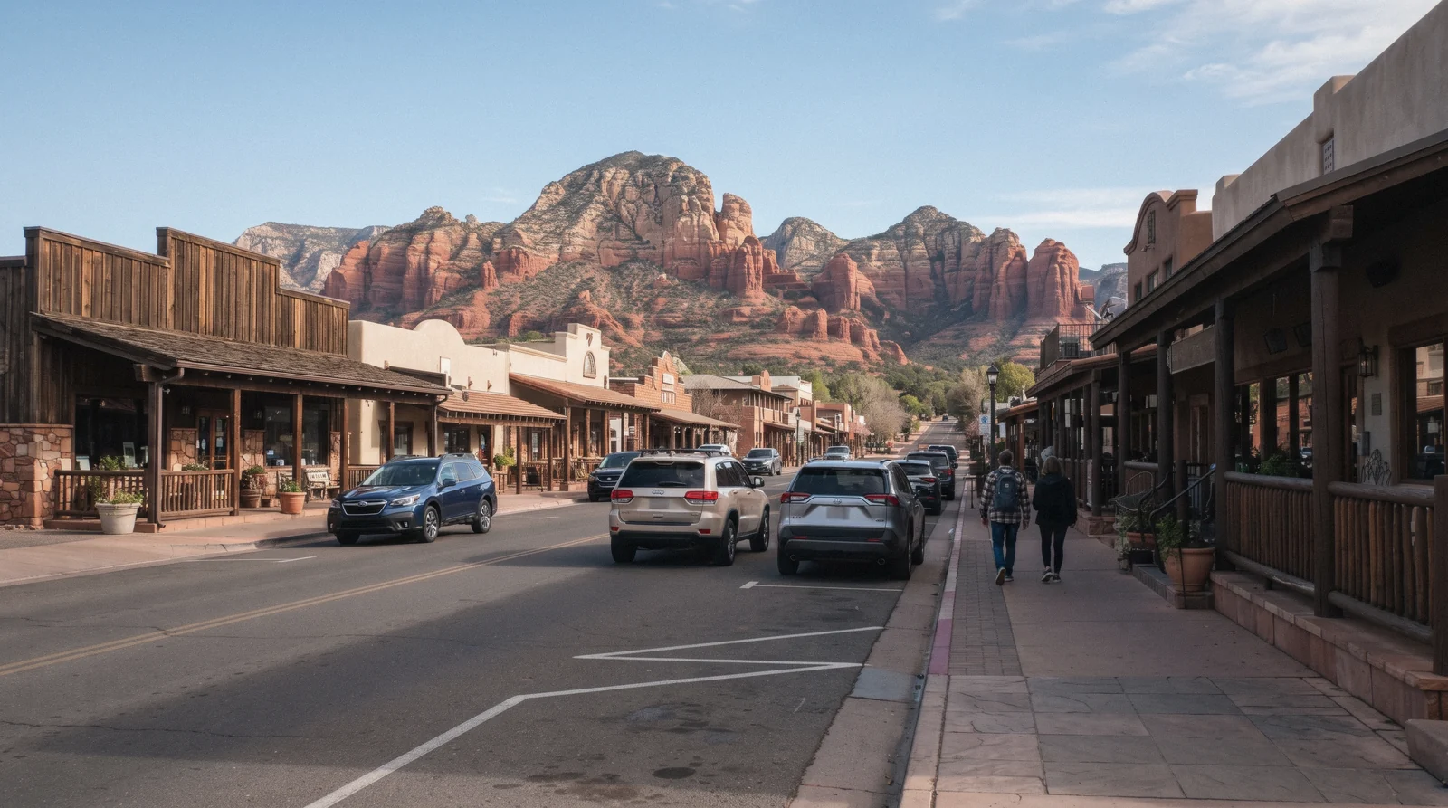 Main street of Uptown Sedona in the morning with red rock closing the end of the street, Sedona Arizona