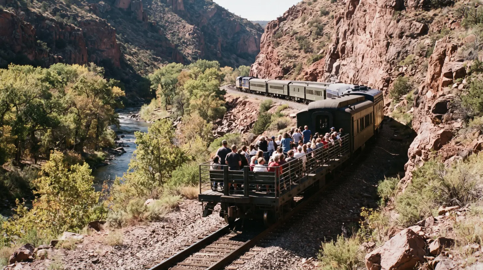A vintage passenger train winding through red-rock pinnacles and cottonwood trees along the Verde River on the Verde Canyon Railroad near Clarkdale, Arizona