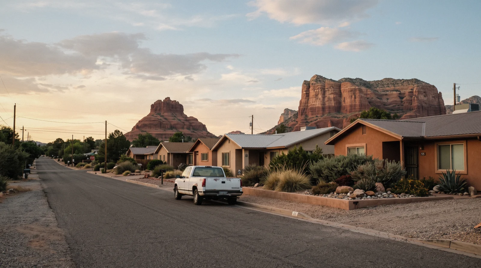 Quiet street in the Village of Oak Creek with Bell Rock behind the rooftops, Sedona Arizona