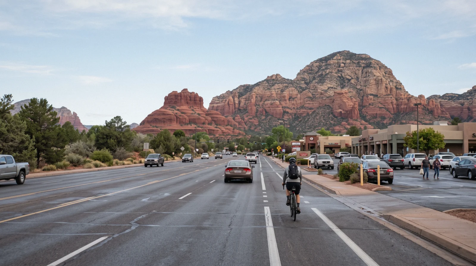Arterial road through West Sedona with Coffee Pot Rock on the skyline, Sedona Arizona