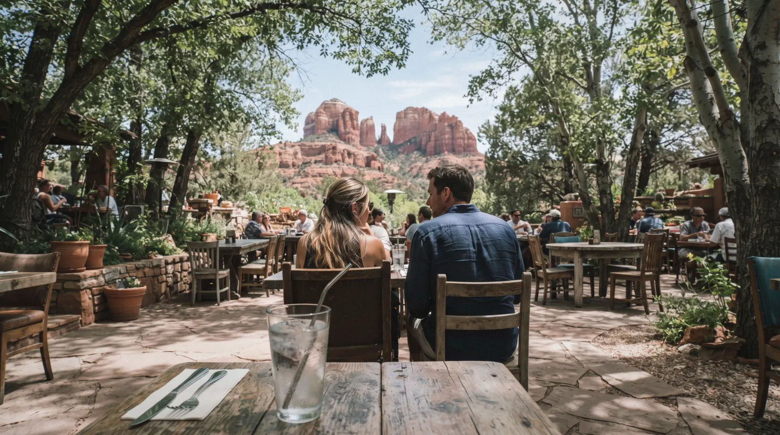 A shaded restaurant terrace with a red rock view, where to eat in Sedona for a midday stop