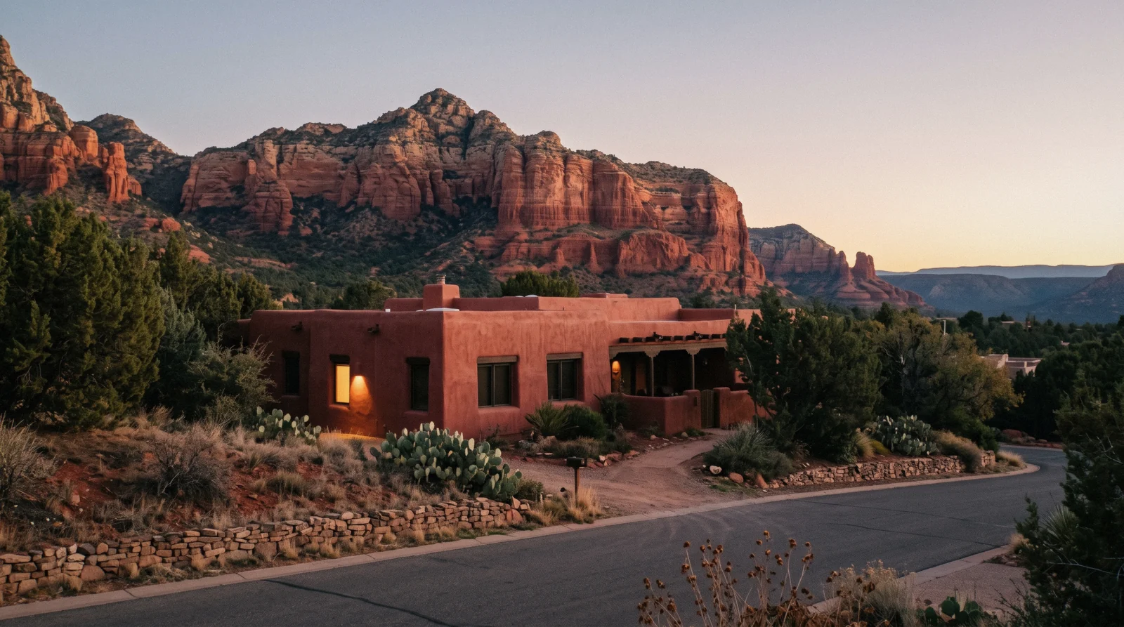 Red rock buttes at golden hour above a row of lodges, where to stay in Sedona
