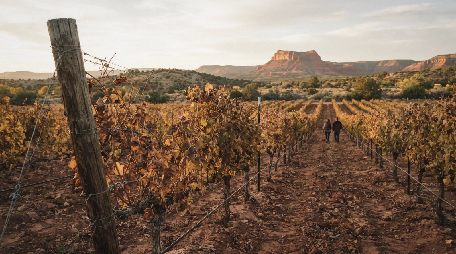 Vine rows on the red soil of the Verde Valley near Cornville with a red mesa behind, Sedona Arizona wine tours